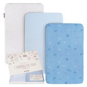 Set da 2 pezzi + coprimaterasso per culle "Next to Me", 100% Cotone e certificate Oeko-Tex® azzurre.